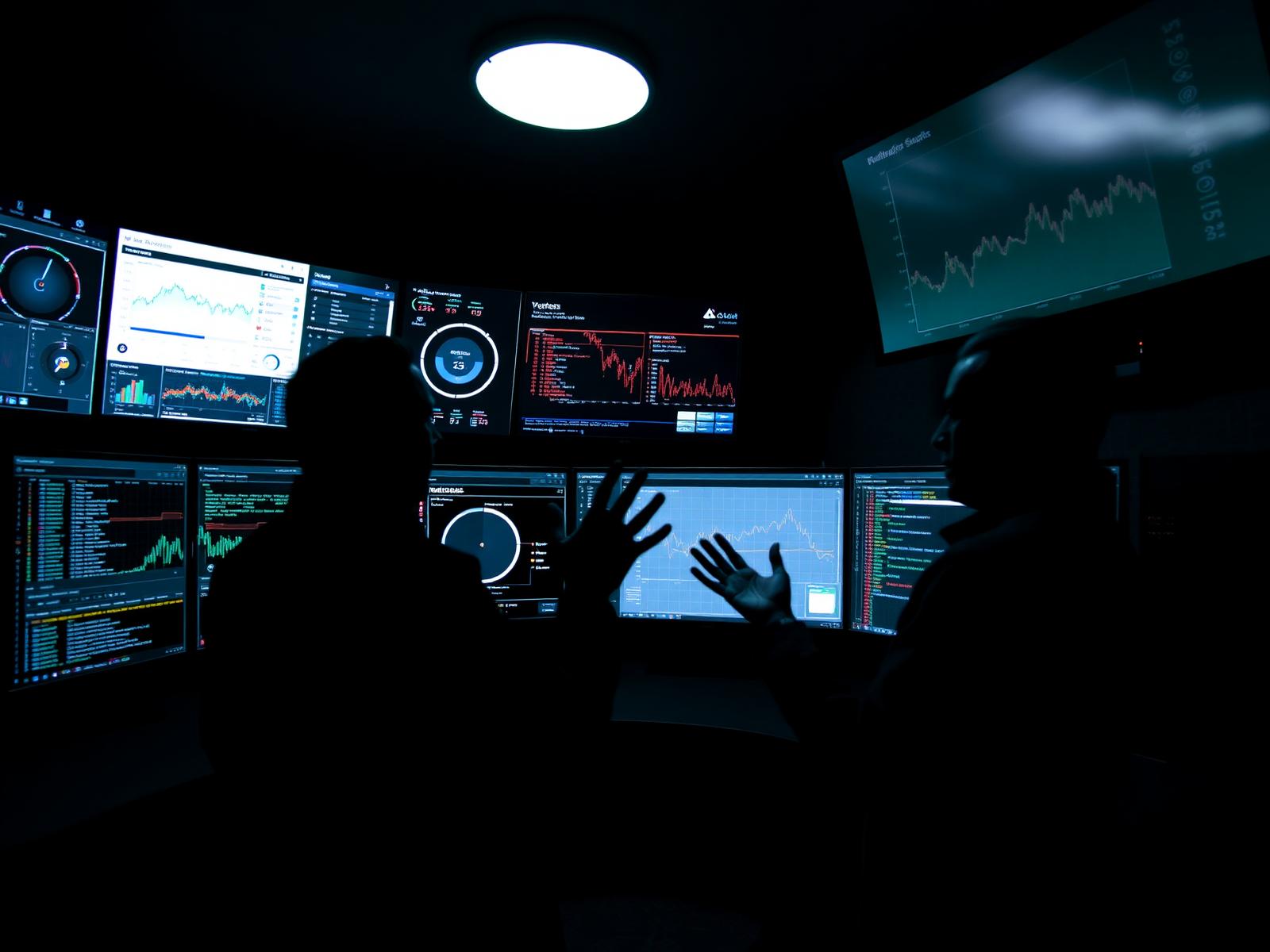 Two operators reviewing live dashboards on multiple monitors in a dark room