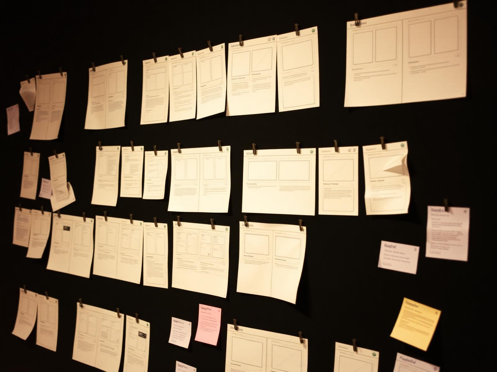 A wall covered in printed wireframes and sticky notes